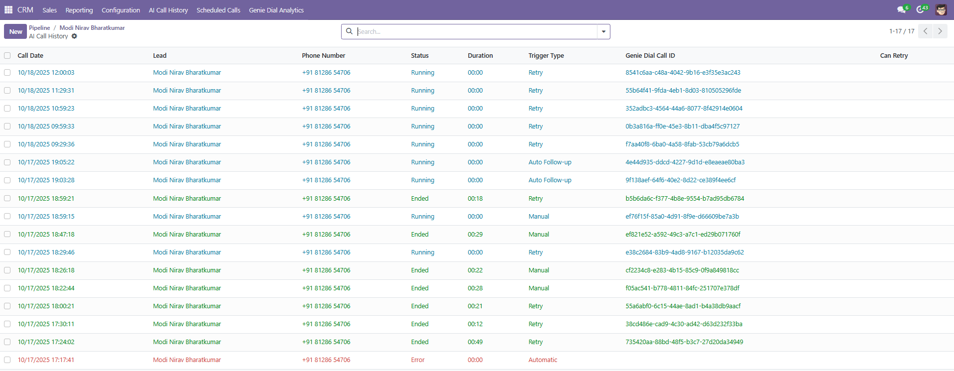 AI Call History dashboard