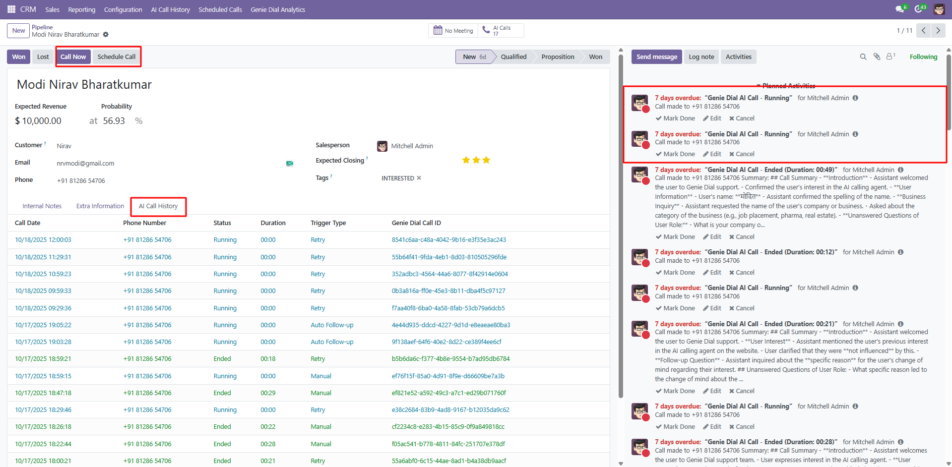 Genie Dial AI Call inside an Odoo 17 CRM lead — showing Call Now, Schedule Call, AI Call History, and planned AI activities