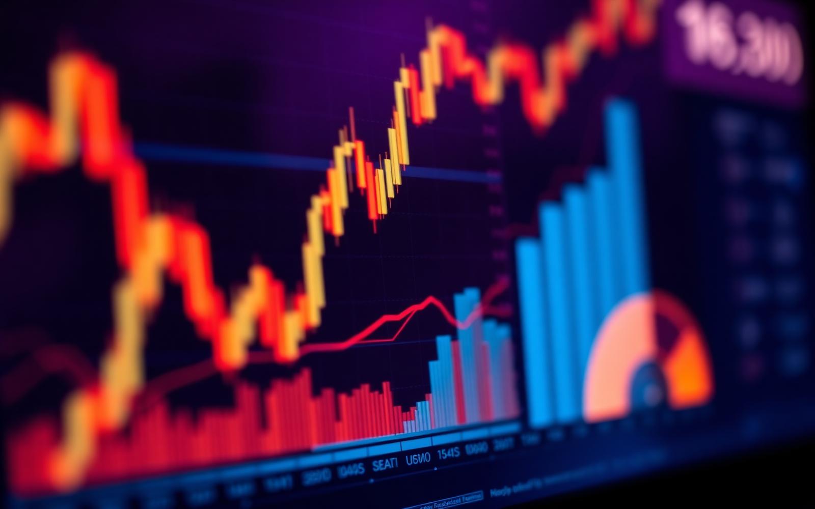 Financial dashboard with plum-toned candlestick charts illustrating ROI
