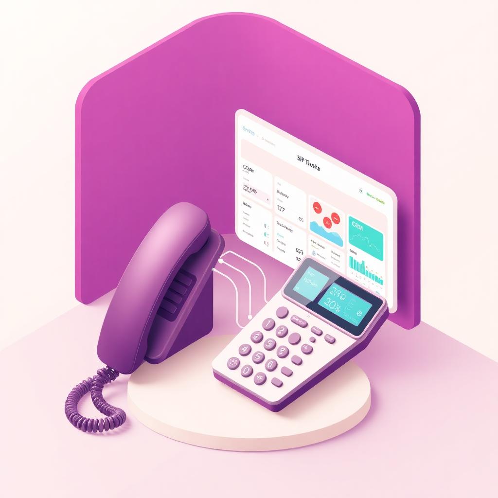 Isometric illustration of a VoIP handset connected to an Odoo CRM dashboard